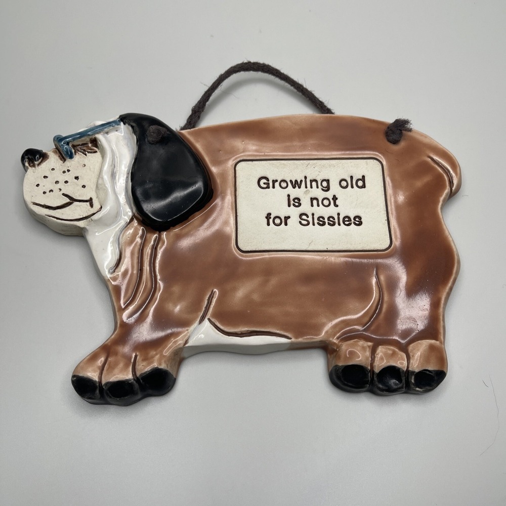 Vintage 80s Smokey Mountain Art Pottery Wall Plaque‎ Growing Old Humor Dog Lady